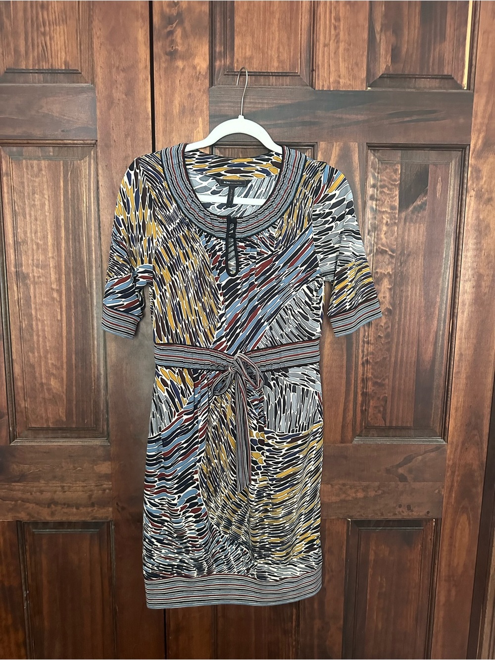 BCBGMaxAzria Multi-Color Printed Tie-Waist Midi Dress